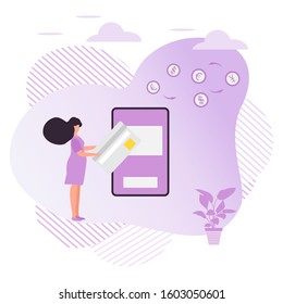Vector illustration Bank card, People performs banking transactions using a smartphone. Financial transactions, money transfer. Electronic, digital technology.Design for landing page, print, website