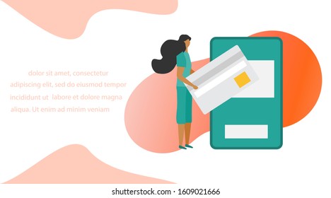 Vector illustration Bank card, People performs banking transactions using a smartphone. Financial transactions, money transfer. Electronic, digital technology.Design for landing page, print, website