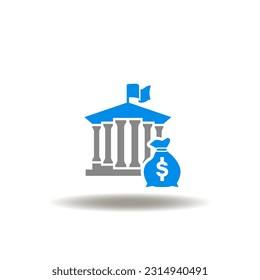 Vector illustration of bank or court or government building with money bag. Icon of grant funding. Symbol of investment administration department. Sign of law and money.