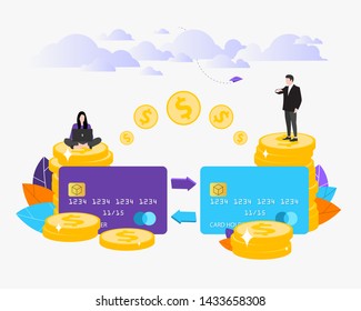 Vector illustration. Bank credit card. financial transactions, money transfers, the concept of the payment system. People transfer money. EPS-10.