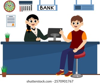 Vector illustration of a bank day. Bank card or credit application. Banking Service Set, Bank Managers and Clients, People Standing at the Bank Office and Making Financial Operations  Illustration