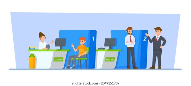 Vector illustration of bank day. Client and bank teller at the cash register window. 