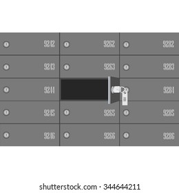 Vector illustration bank deposit boxes with one opened security box and key. Safe deposit box