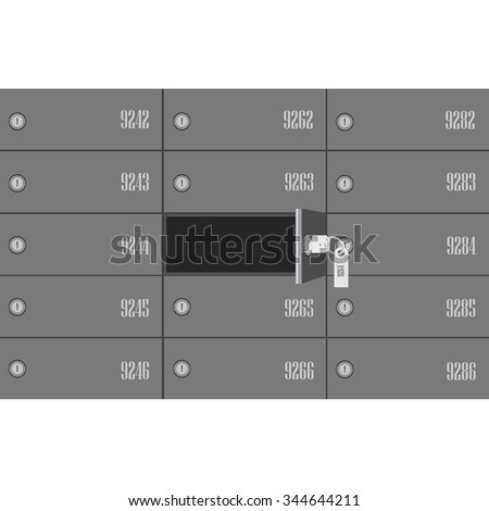 Vector illustration bank deposit boxes with one opened security box and key. Safe deposit box