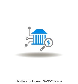 Vector illustration of bank with electronic circuit and magnifying glass with dollar currency. Symbol of debt collection.
