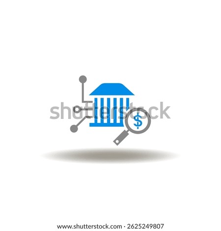 Vector illustration of bank with electronic circuit and magnifying glass with dollar currency. Symbol of debt collection.