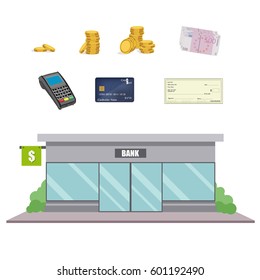 Vector illustration bank facade building in flat style. Finance and banking icon set.