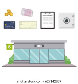 Vector illustration bank facade building in flat style. Finance and banking icon set.
