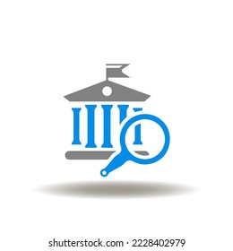 Vector illustration of bank or government building with magnifying glass. Icon of search, analytics banking information. Symbol of bank investing analysis.