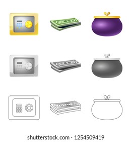 Vector illustration of bank and money icon. Set of bank and bill vector icon for stock.