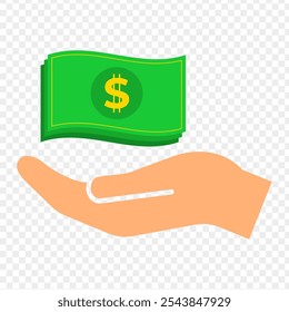 Vector illustration of bank note in hand on transparent background