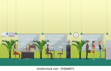 Vector illustration of bank office with manager, financial consultant and clients. People waiting in line for cash money. Banking concept design element in flat style