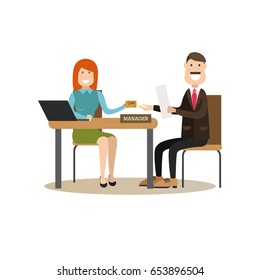 Vector illustration of bank personal manager female giving credit card to customer male. Bank people concept flat style design elements, icons isolated on white background.