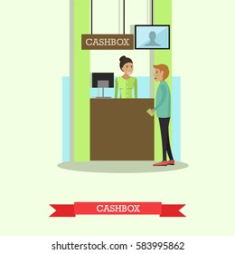 Vector illustration of bank teller serving customer. Cashbox, cash department. Banking concept design element in flat style