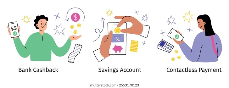 Vector illustration of banking concepts, cashback, savings account, and contactless payment. Flat cartoon style with modern design elements for financial and fintech themes, cartoon characters paying