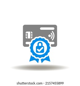 Vector illustration of banking, debit, credit card with stamp, lock and check mark. Icon of PCI DSS Payment Card Industry Data Security Standard. Symbol of financial banking standards compliance.