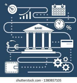 Vector illustration with banking line icon. Bank building, credit card, percentage, profit growth chart, currency exchange, gears, wallet. Finance, money investment. Design for websites, print