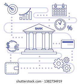 Vector illustration with banking line icon. Bank building, credit card, percentage, profit growth chart, currency exchange, gears, wallet. Finance, money investment. Design for websites, print