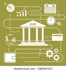 Vector illustration with banking line icon. Bank building, credit card, percentage, profit growth chart, currency exchange, gears, wallet. Finance, money investment. Design for websites, print