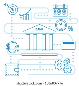 Vector illustration with banking line icon. Bank building, credit card, percentage, profit growth chart, currency exchange, gears, wallet. Finance, money investment. Design for websites, print