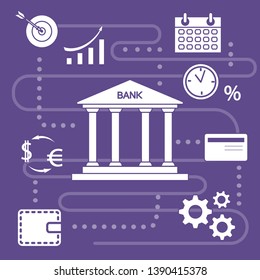 Vector illustration with banking line icon. Bank building, credit card, percentage, profit growth chart, currency exchange, gears, wallet. Finance, money investment. Design for websites, print