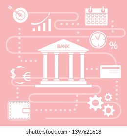 Vector illustration with banking line icon. Bank building, credit card, percentage, profit growth chart, currency exchange, gears, wallet. Finance, money investment. Design for websites, print