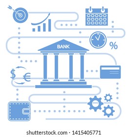 Vector illustration with banking line icon. Bank building, credit card, percentage, profit growth chart, currency exchange, gears, wallet. Finance, money investment. Design for websites, print