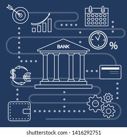 Vector illustration with banking line icon. Bank building, credit card, percentage, profit growth chart, currency exchange, gears, wallet. Finance, money investment. Design for websites, print