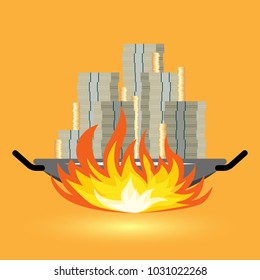 Vector illustration of banknotes and coins in a wok on fire.