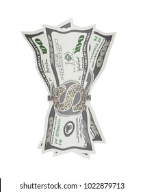 Vector illustration of banknotes folded in money clip. Crumpled dollar bills. Isolated currency of USA on white background. Money clamp in shape of dollar symbol.