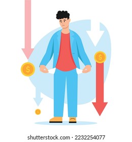 Vector illustration of bankruptcy. Cartoon scene with a guy with no money in his pocket and his finances falling to the bottom on white background.