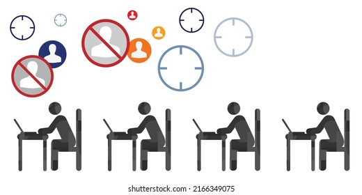 ilustración vectorial de iconos de usuarios prohibidos y personas que trabajan en la oficina para prohibiciones de reglas de trabajo