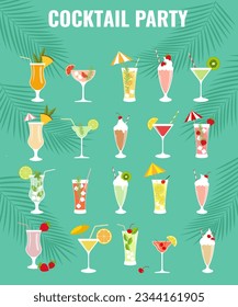 Vector illustration, banner of 20 different cocktails, smoothies. Web icons.