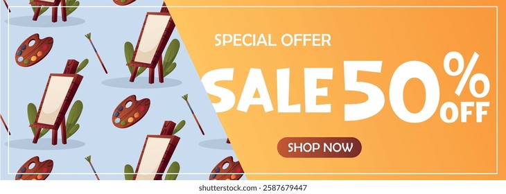 Vector illustration of a banner with a 50% discount and a seamless pattern of easels, palettes, and brushes. Suitable for art supply stores  
