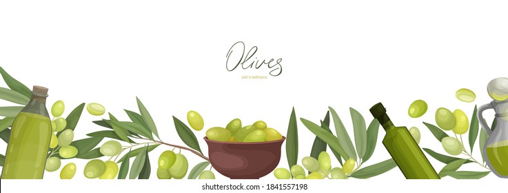 Vector illustration banner A4 page spread, with olive branches, fruits, bottles of olive oil. For printing design or advertising banner.