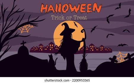 Vector illustration banner action holiday halloween Witch broom and her creatures friends cat bats cross headhill full moon illuminates the city at night