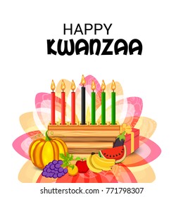 Vector illustration of a Banner for African Kwanzaa festive concept with decorative candles red, black and green, pumpkins, grapes, orange, apple, banana, bowl and gift box.