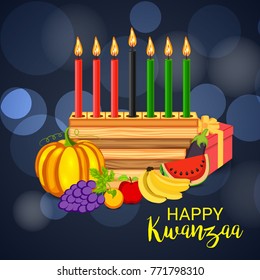 Vector illustration of a Banner for African Kwanzaa festive concept with decorative candles red, black and green, pumpkins, grapes, orange, apple, banana, bowl and gift box.