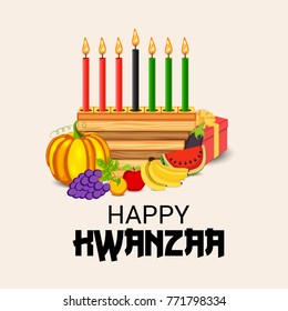 Vector illustration of a Banner for African Kwanzaa festive concept with decorative candles red, black and green, pumpkins, grapes, orange, apple, banana, bowl and gift box.