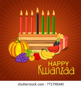 Vector illustration of a Banner for African Kwanzaa festive concept with decorative candles red, black and green, pumpkins, grapes, orange, apple, banana, bowl and gift box.