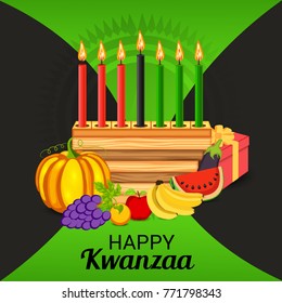 Vector illustration of a Banner for African Kwanzaa festive concept with decorative candles red, black and green, pumpkins, grapes, orange, apple, banana, bowl and gift box.