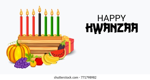 Vector illustration of a Banner for African Kwanzaa festive concept with decorative candles red, black and green, pumpkins, grapes, orange, apple, banana, bowl and gift box.