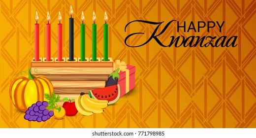 Vector illustration of a Banner for African Kwanzaa festive concept with decorative candles red, black and green, pumpkins, grapes, orange, apple, banana, bowl and gift box.