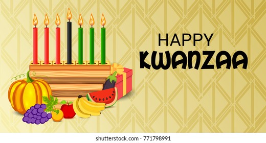 Vector illustration of a Banner for African Kwanzaa festive concept with decorative candles red, black and green, pumpkins, grapes, orange, apple, banana, bowl and gift box.