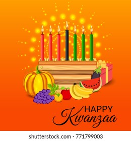 Vector illustration of a Banner for African Kwanzaa festive concept with decorative candles red, black and green, pumpkins, grapes, orange, apple, banana, bowl and gift box.