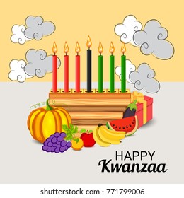 Vector illustration of a Banner for African Kwanzaa festive concept with decorative candles red, black and green, pumpkins, grapes, orange, apple, banana, bowl and gift box.