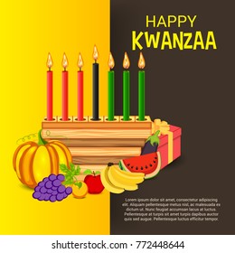 Vector illustration of a Banner for African Kwanzaa festive concept with decorative candles red, black and green, pumpkins, grapes, orange, apple, banana, and gift box.