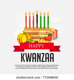 Vector illustration of a Banner for African Kwanzaa festive concept with decorative candles red, black and green, pumpkins, grapes, orange, apple, banana, and gift box.