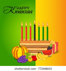 Vector illustration of a Banner for African Kwanzaa festive concept with decorative candles red, black and green, pumpkins, grapes, orange, apple, banana, and gift box.