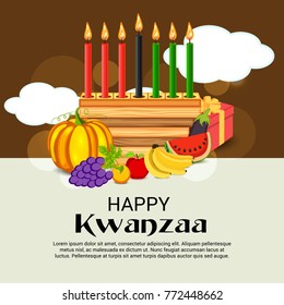 Vector illustration of a Banner for African Kwanzaa festive concept with decorative candles red, black and green, pumpkins, grapes, orange, apple, banana, and gift box.